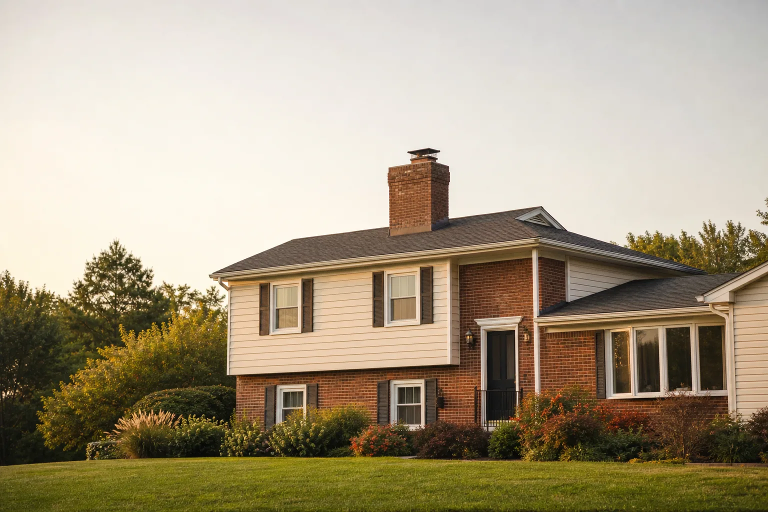 Split-entry brick and clapboard house with a chimney rising through the roof ridge Split-entry brick and clapboard house with a chimney rising through the roof ridge