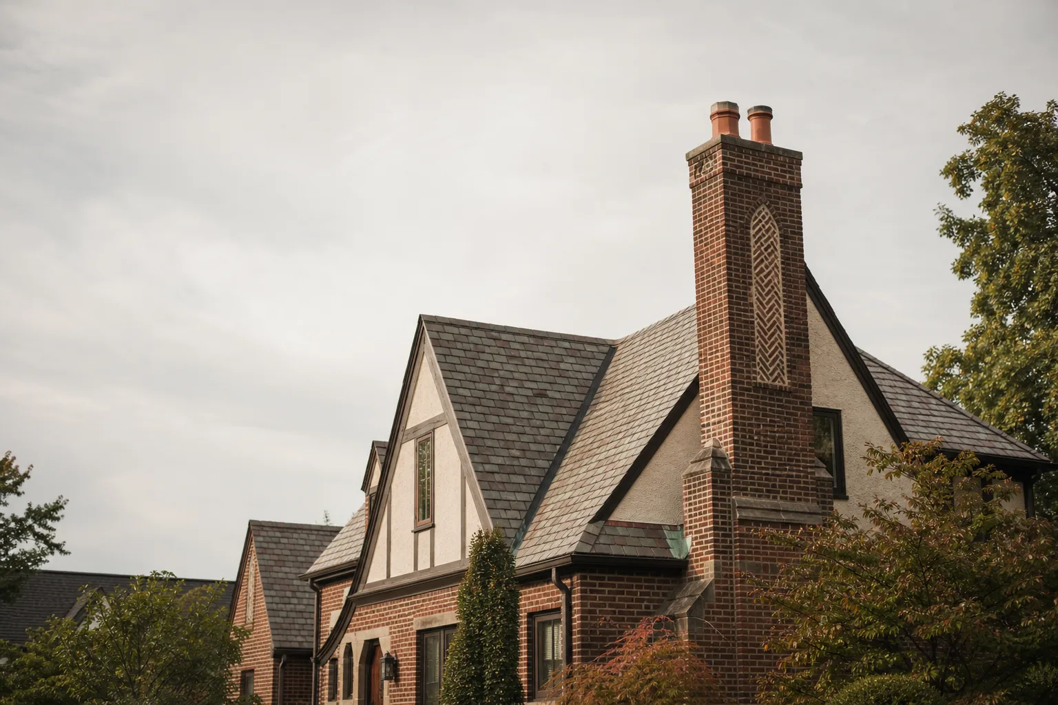 1930s Tudor-revival house in brick and stucco with a prominent decorative chimney 1930s Tudor-revival house in brick and stucco with a prominent decorative chimney