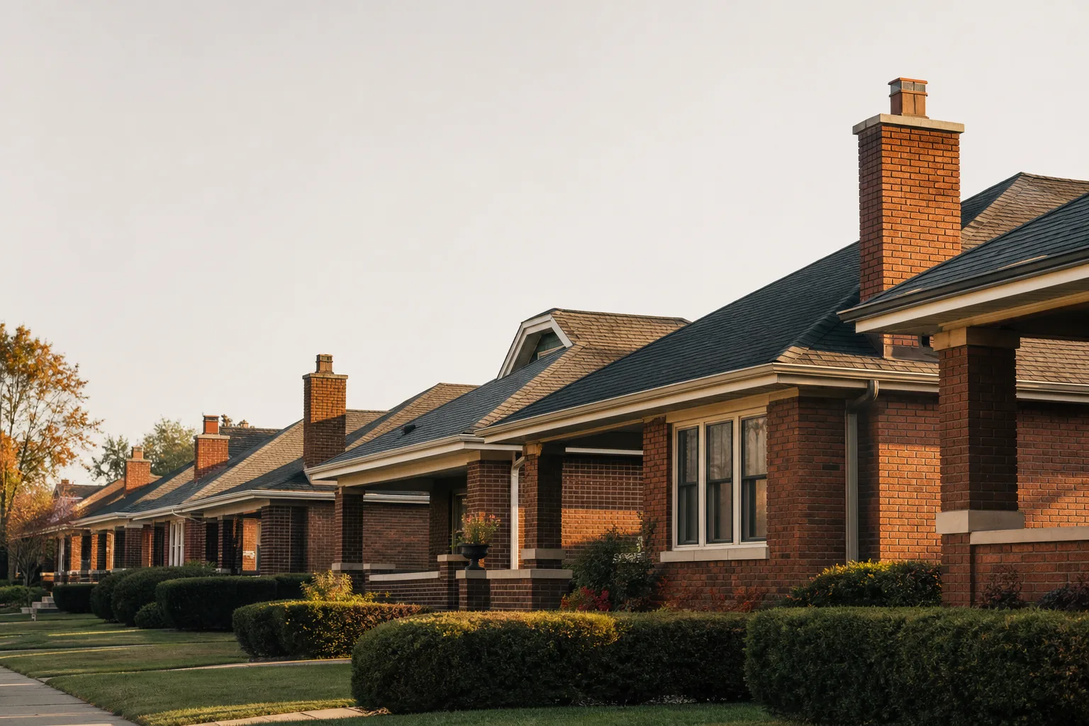 Row of 1920s brick bungalows with stout side chimneys and clipped hedges
