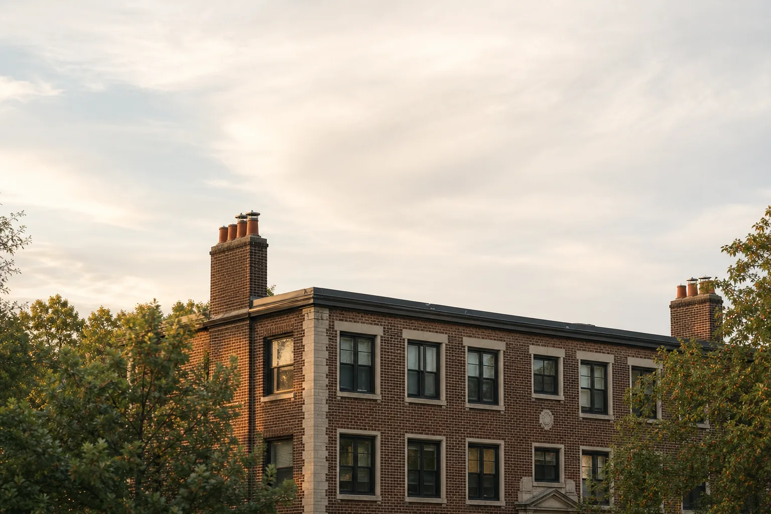 Low-rise pre-war brick apartment building with a chimney stack at each roof end Low-rise pre-war brick apartment building with a chimney stack at each roof end