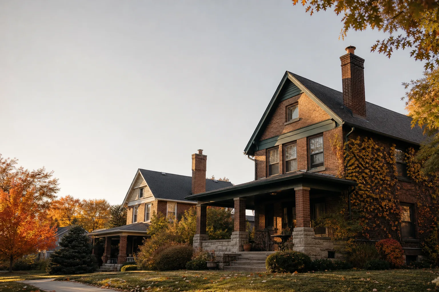 Two century-old brick homes with deep porches and gable-end chimneys among turning maples Two century-old brick homes with deep porches and gable-end chimneys among turning maples
