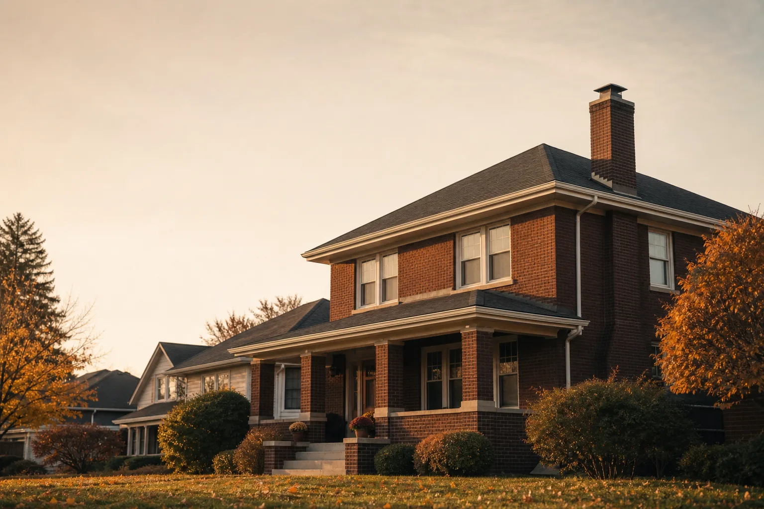 Dark red brick Foursquare house with hipped roof and square chimney above a leaf-strewn lawn