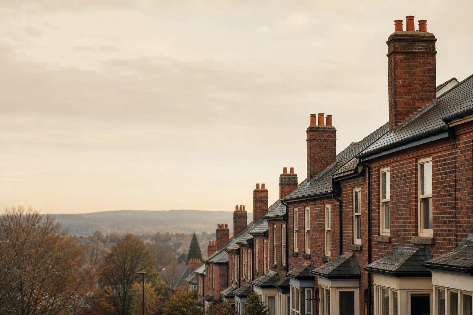 Early-1900s brick worker housing on a hill with plain chimney stacks on a damp grey morning