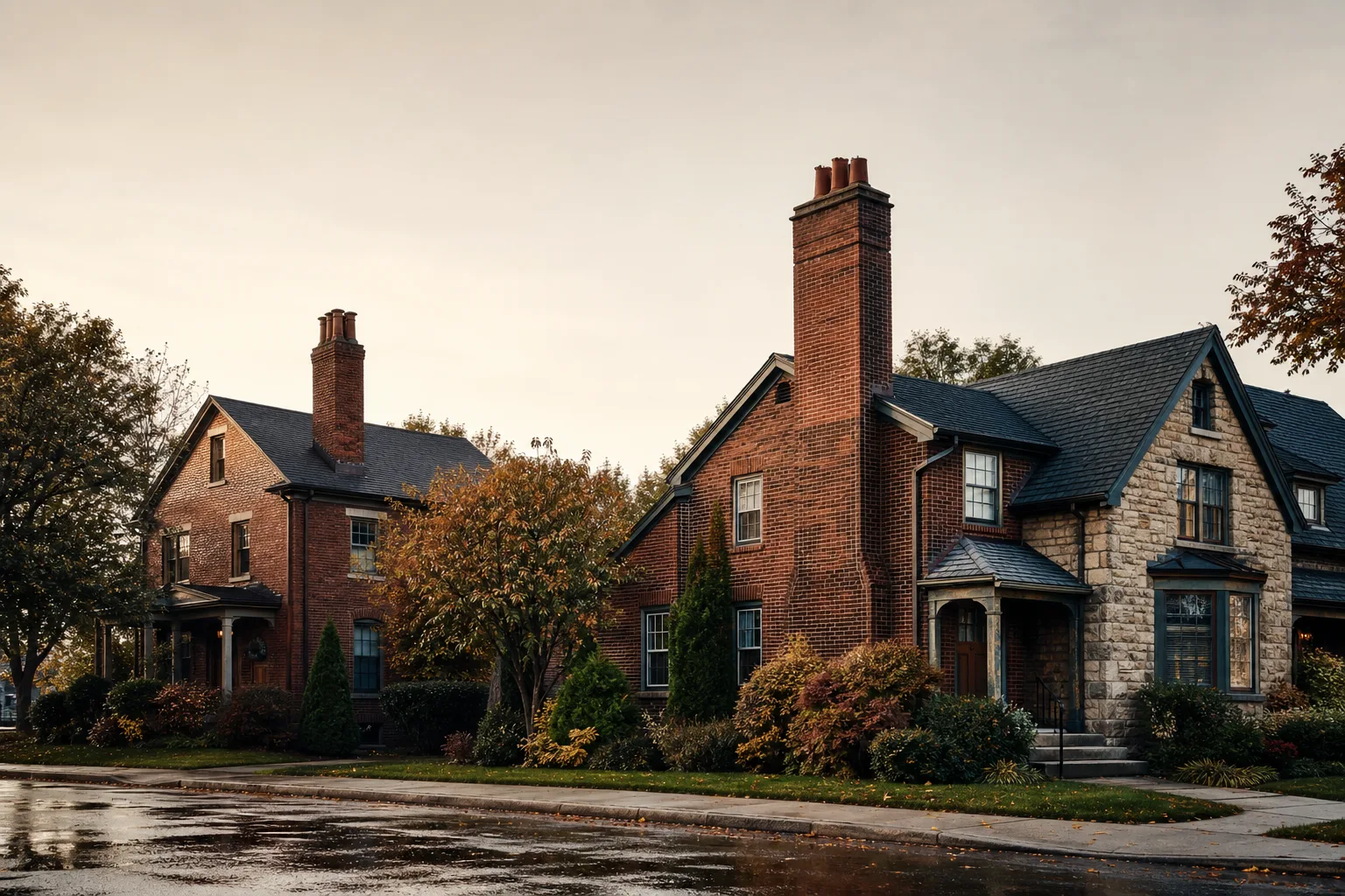 Two older brick houses meeting at a corner, chimney stacks against pale sky above wet pavement