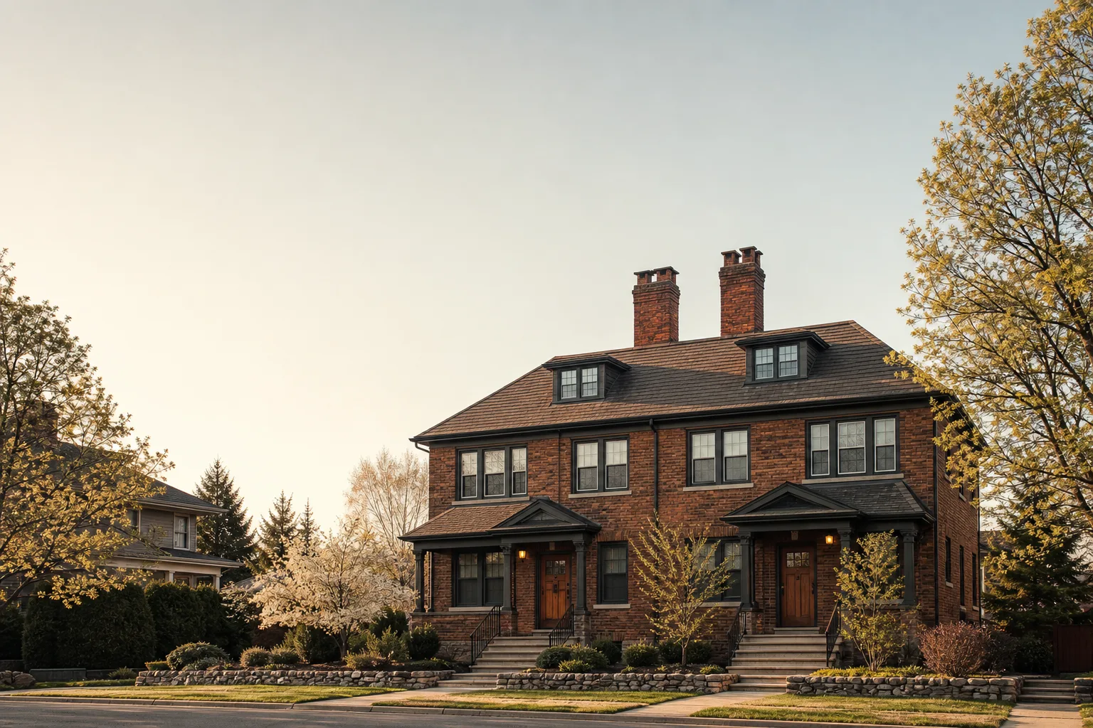 Pre-war brick duplex with matching entrances and twin chimney stacks under spring daylight Pre-war brick duplex with matching entrances and twin chimney stacks under spring daylight