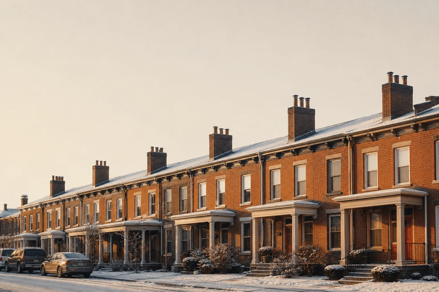 Snow dusting attached brick rowhouses with chimney stacks along a shared roofline and parked cars Snow dusting attached brick rowhouses with chimney stacks along a shared roofline and parked cars