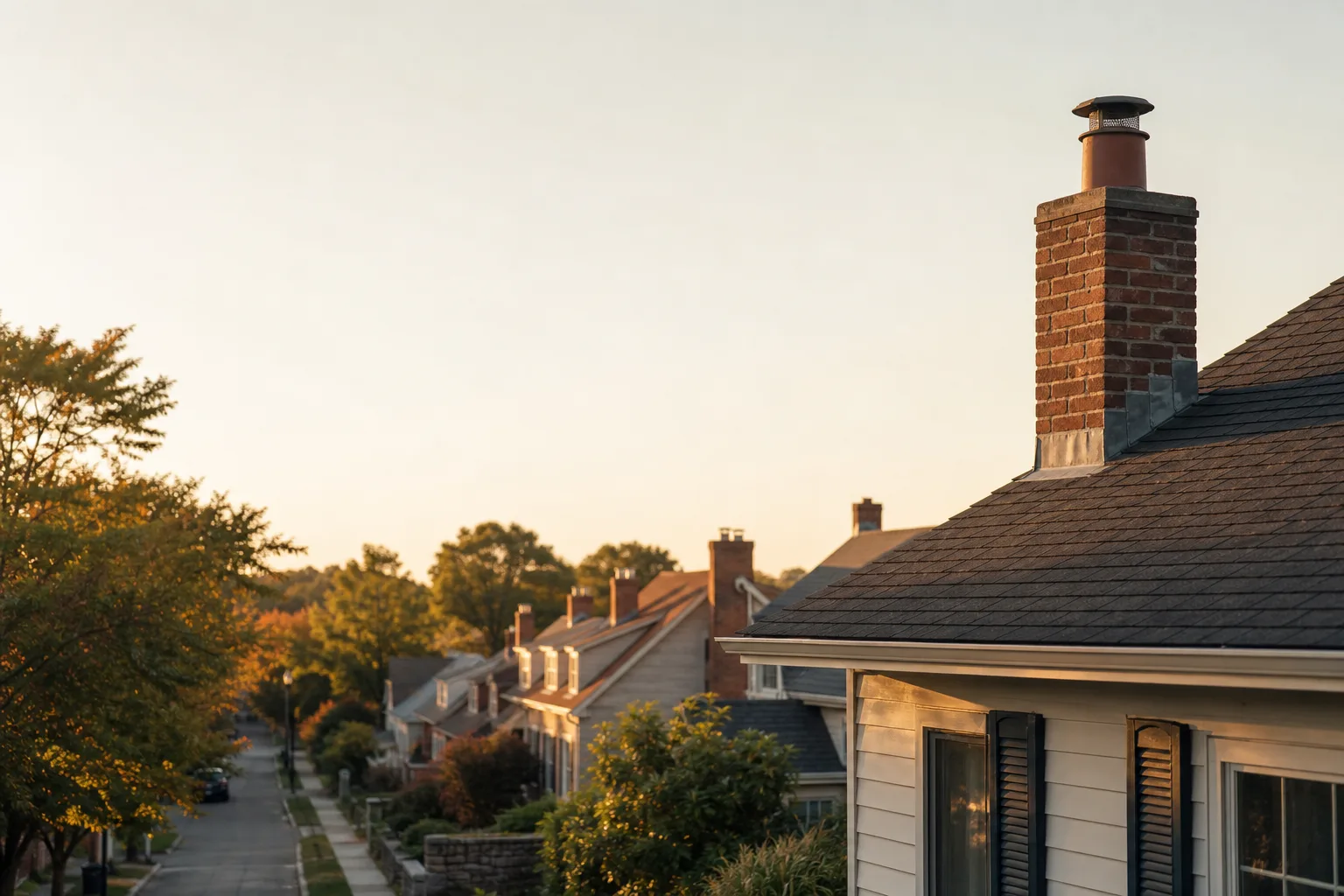 Small town street edge where older storefronts meet houses topped by brick chimneys Small town street edge where older storefronts meet houses topped by brick chimneys