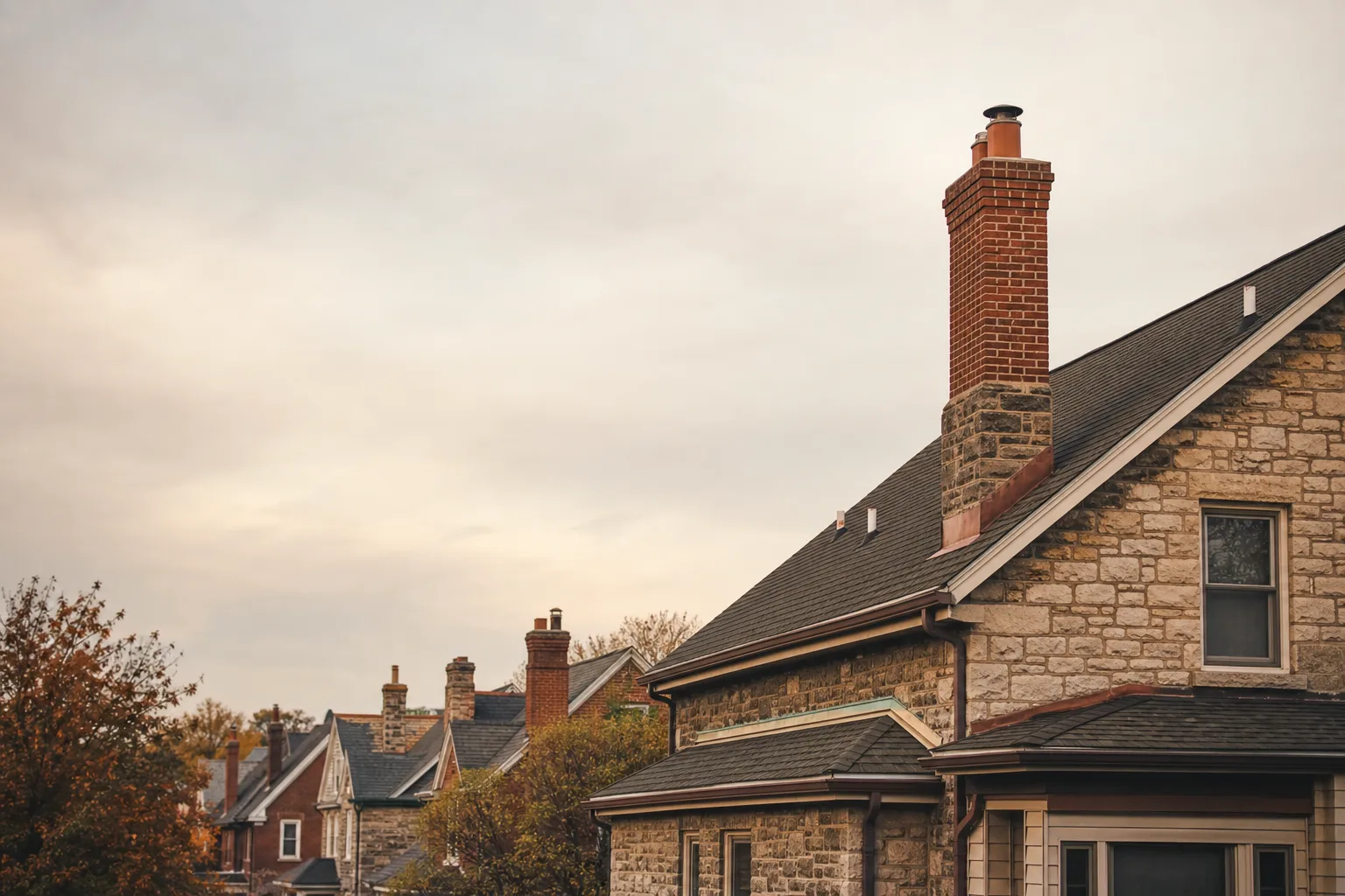 Older street of stone and brick houses with several chimneys on varied rooflines