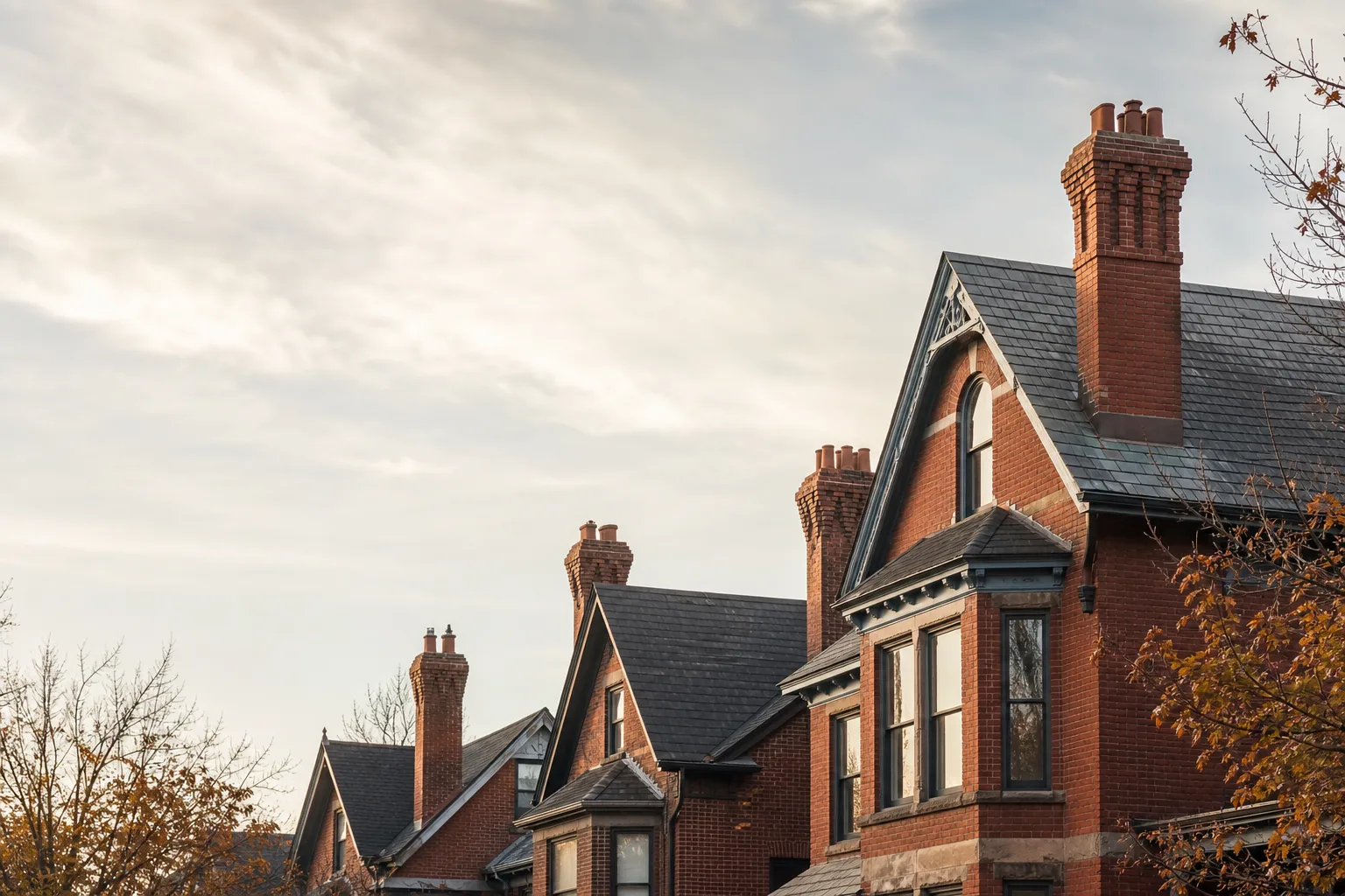 Victorian brick houses with steep slate roofs and tall corbelled chimney stacks under overcast autumn sky Victorian brick houses with steep slate roofs and tall corbelled chimney stacks under overcast autumn sky