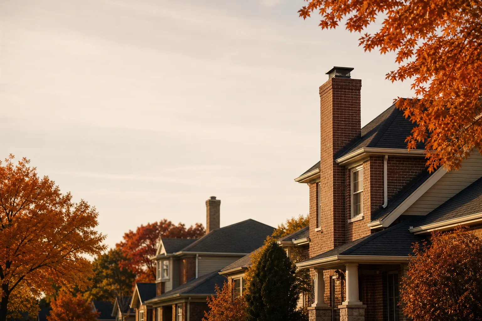 Chimneys glimpsed between orange and red autumn branches over a residential street