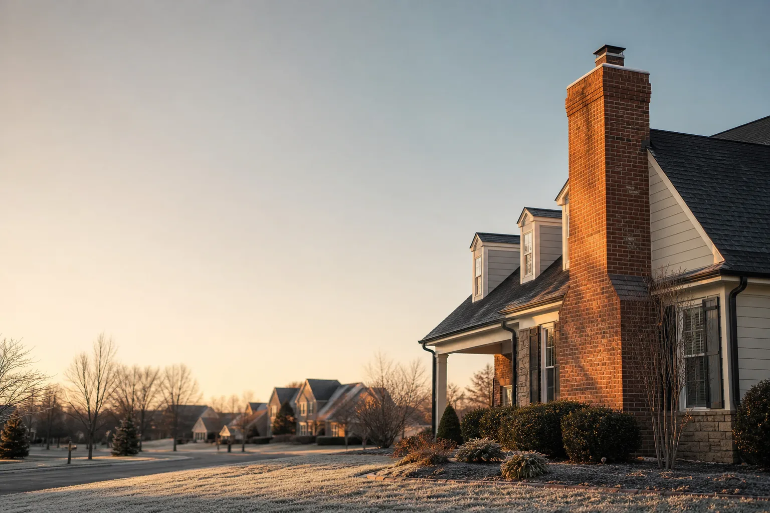 Frosty residential street with low sun catching a brick chimney above frozen lawns Frosty residential street with low sun catching a brick chimney above frozen lawns