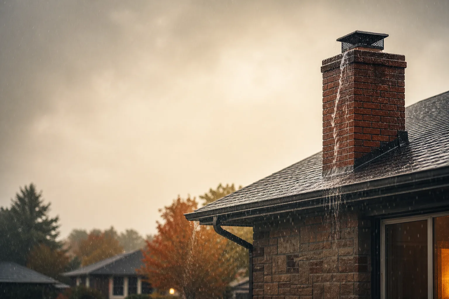 Heavy rain running off roofs and down a brick chimney on a dark street