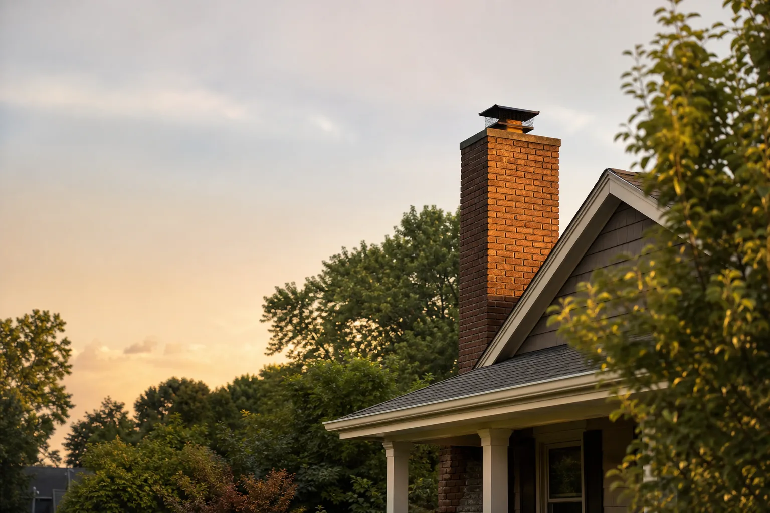 Humid summer evening street with a brick chimney above a porch roof and dense foliage Humid summer evening street with a brick chimney above a porch roof and dense foliage