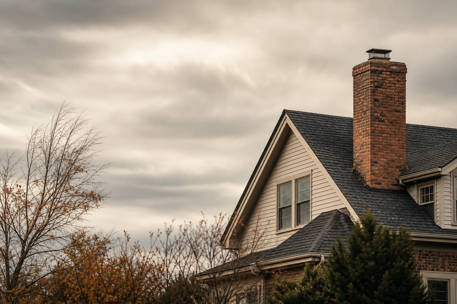 Brick chimney stacks stand stark against fast grey cloud as branches bend in the wind Brick chimney stacks stand stark against fast grey cloud as branches bend in the wind