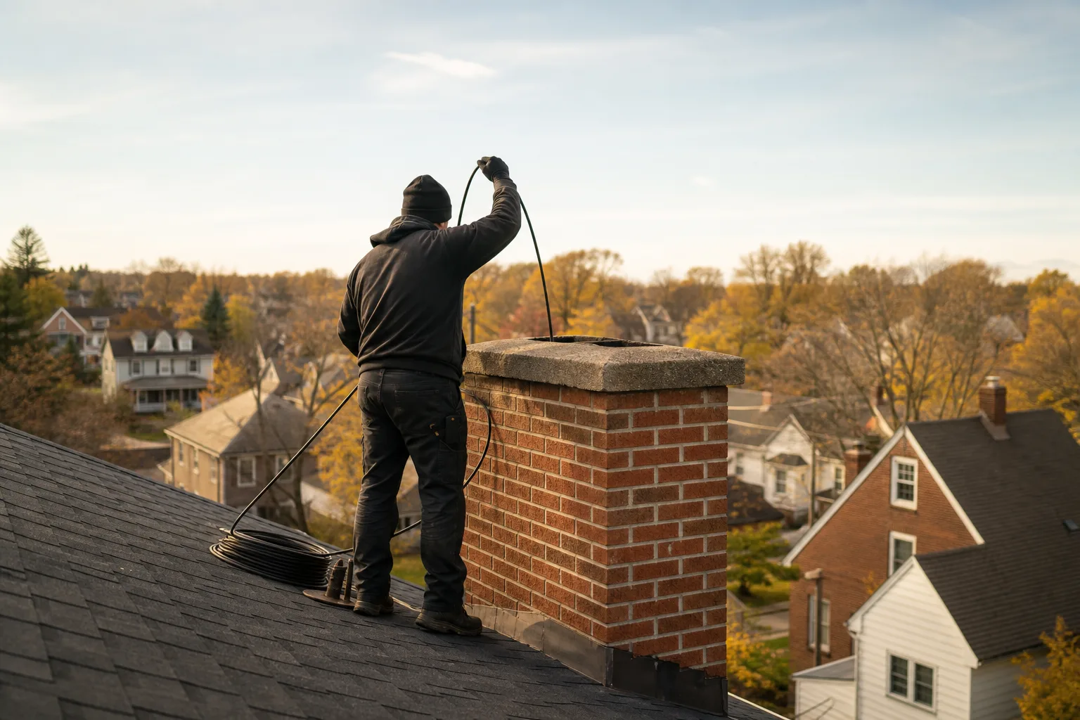 Chimney sweep feeding brush rods down the flue from the rooftop of a Cleveland home
