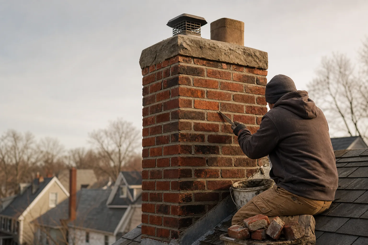 Mason pressing fresh mortar into the joints of an aging brick chimney on a Cleveland roof