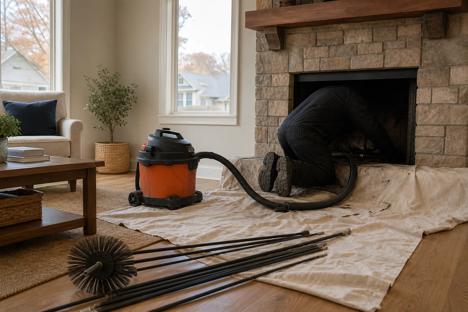 Sweep kneeling at a hearth with drop cloths, rods and a running HEPA vacuum