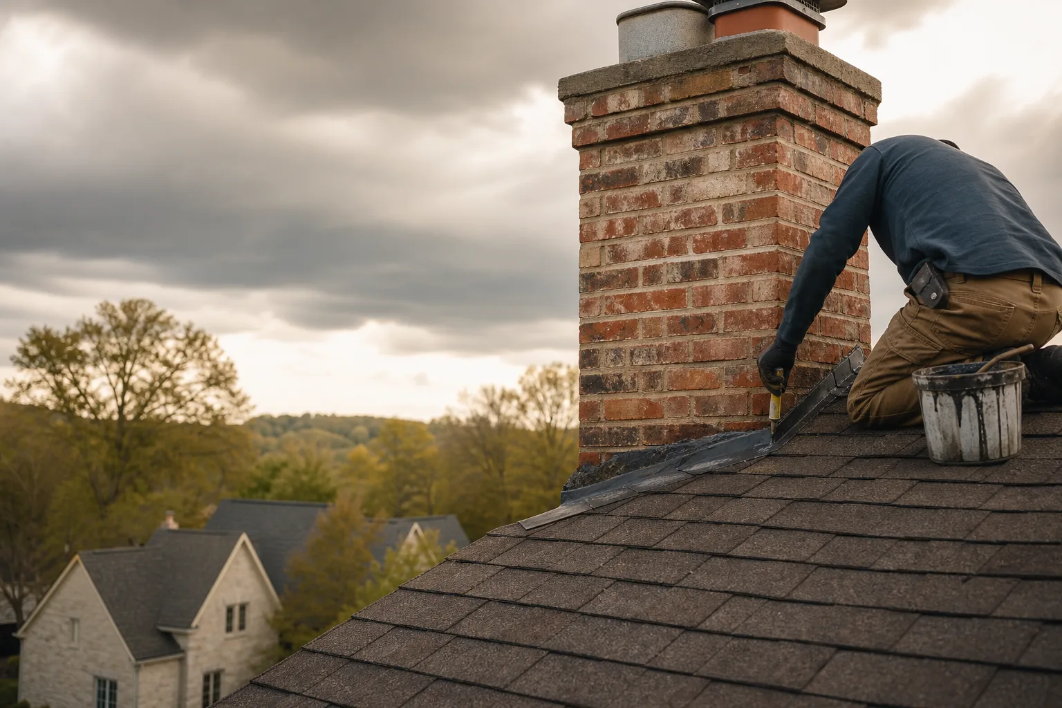 Technician resealing flashing where a brick chimney meets the roof under gathering storm clouds