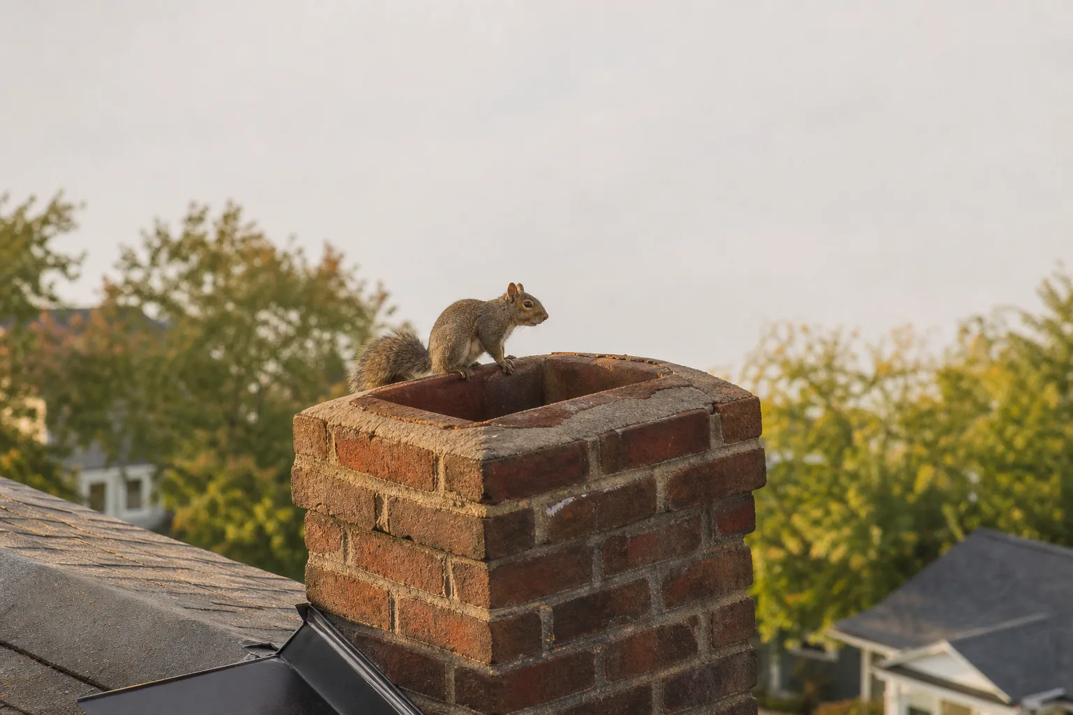 Squirrel perched on the open top of an uncapped brick chimney flue in daylight