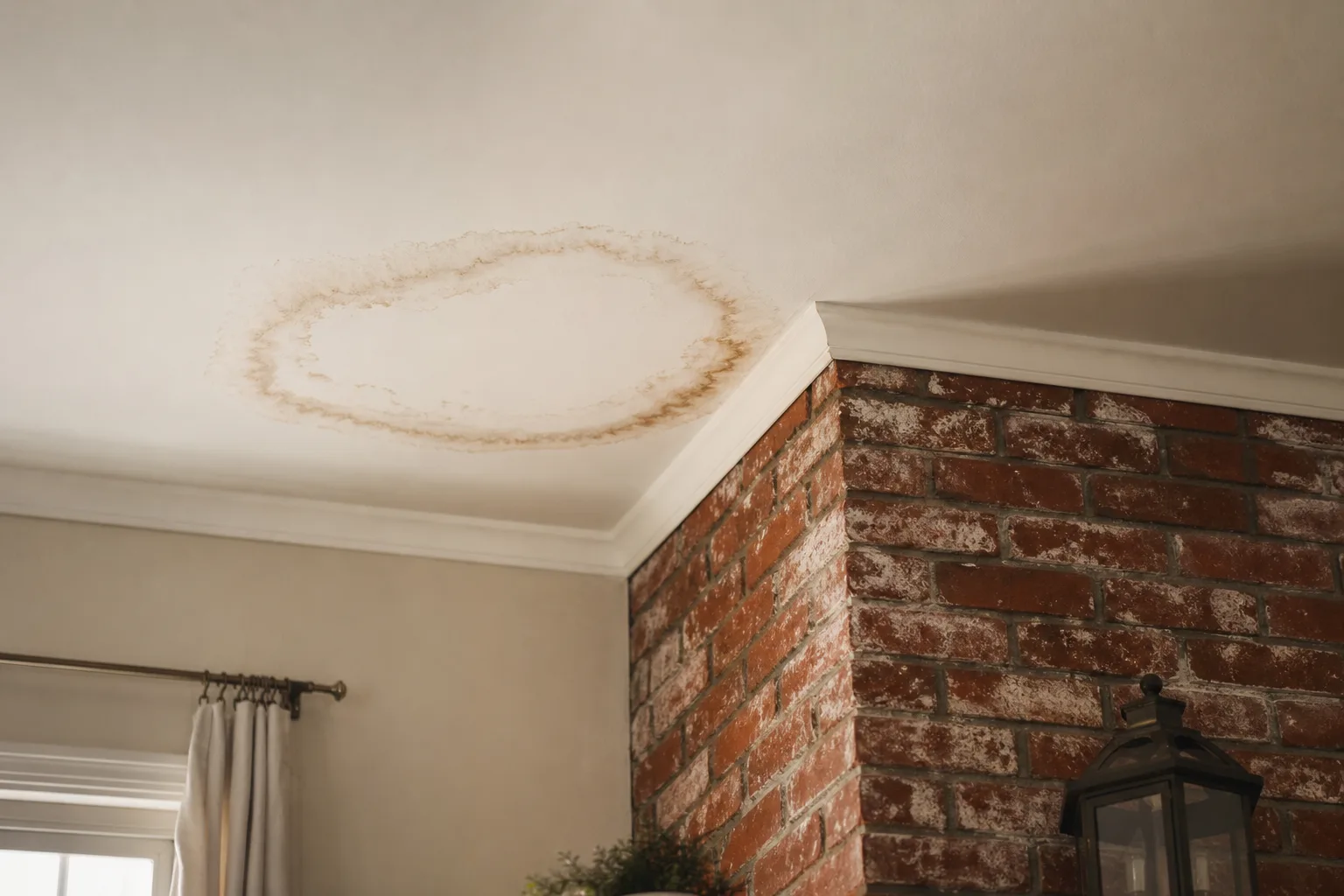 Brown ring-shaped water stain on a white ceiling next to the chimney breast Brown ring-shaped water stain on a white ceiling next to the chimney breast