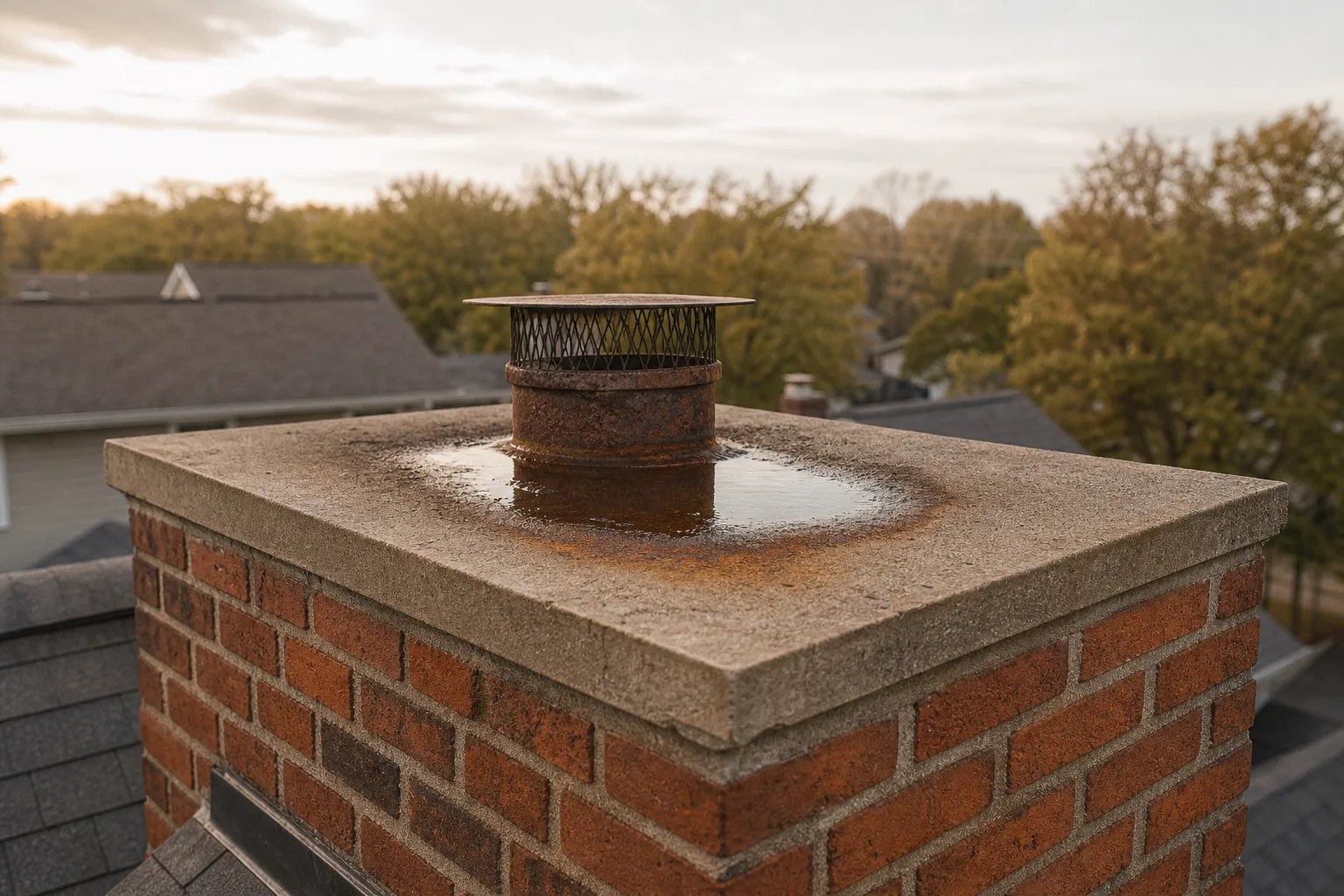 Rainwater standing on a flat chase cover with rust forming around the pool Rainwater standing on a flat chase cover with rust forming around the pool