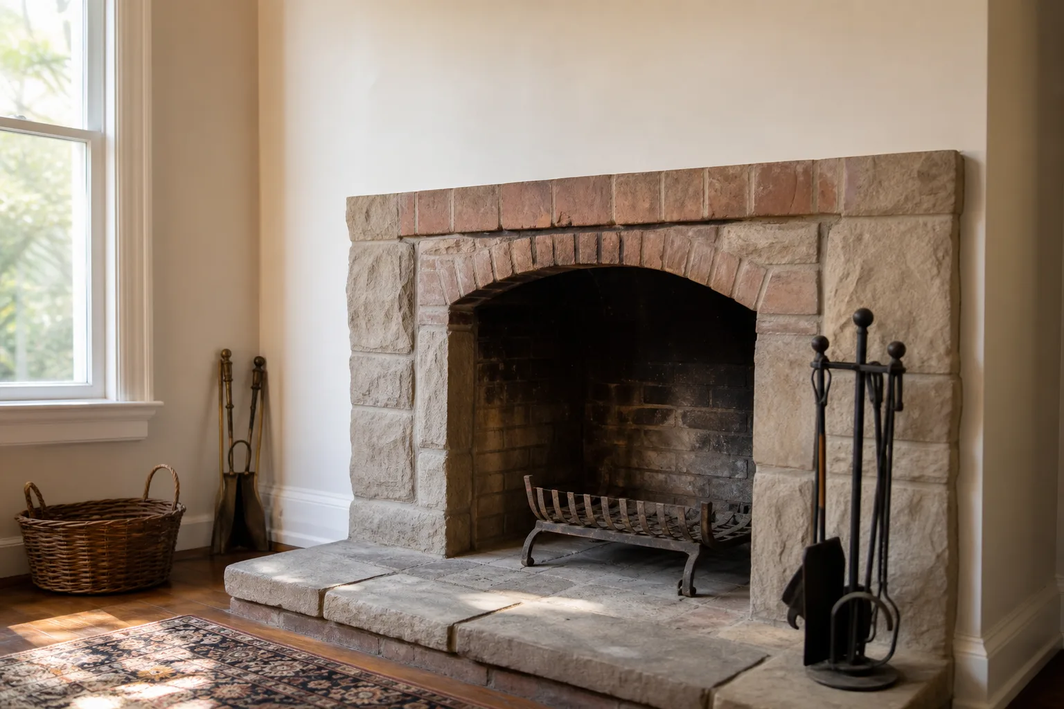 Cold unused fireplace with a dusty grate in an older living room