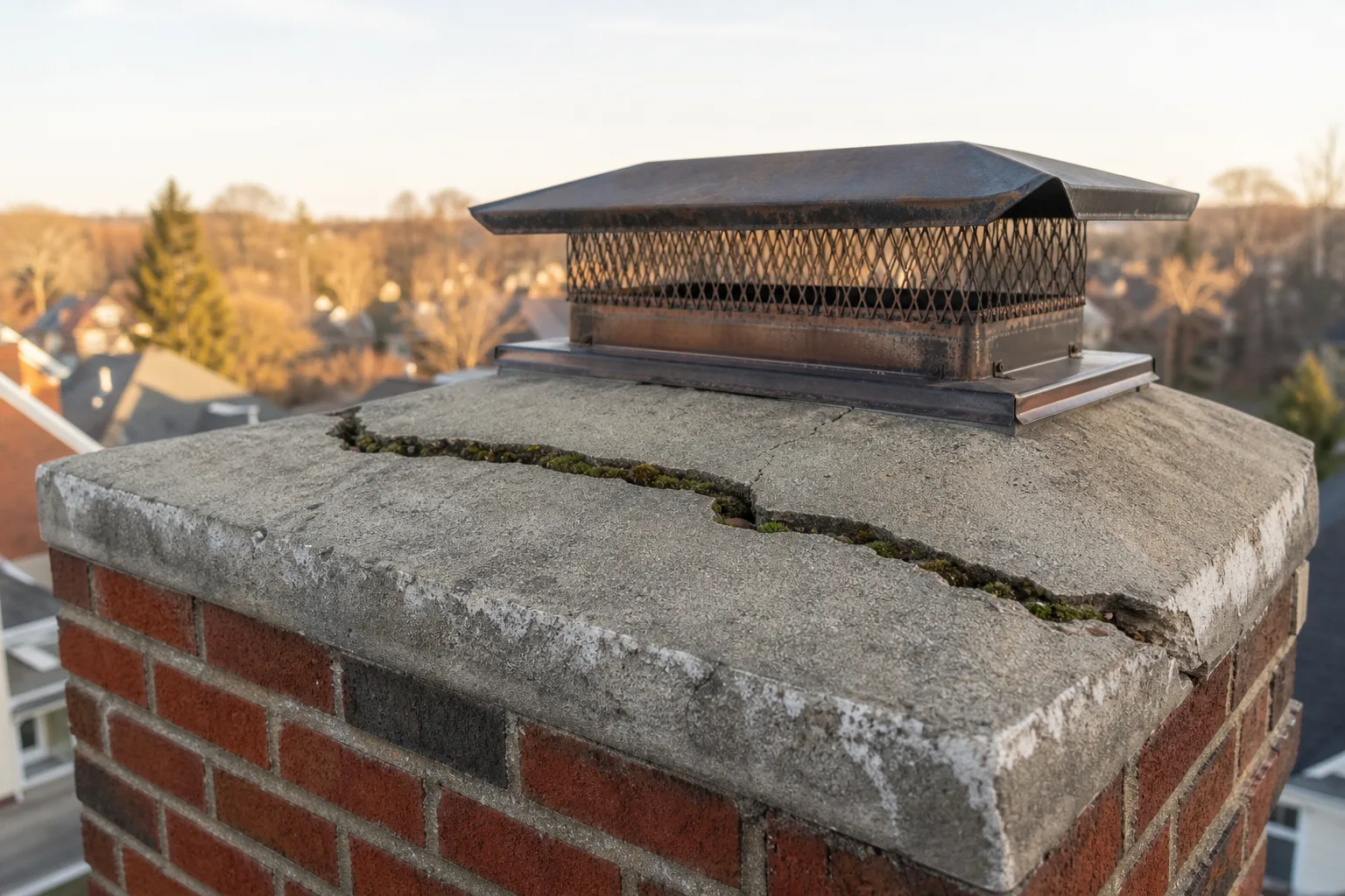 Concrete chimney crown viewed from above with a wide crack and moss growing inside Concrete chimney crown viewed from above with a wide crack and moss growing inside
