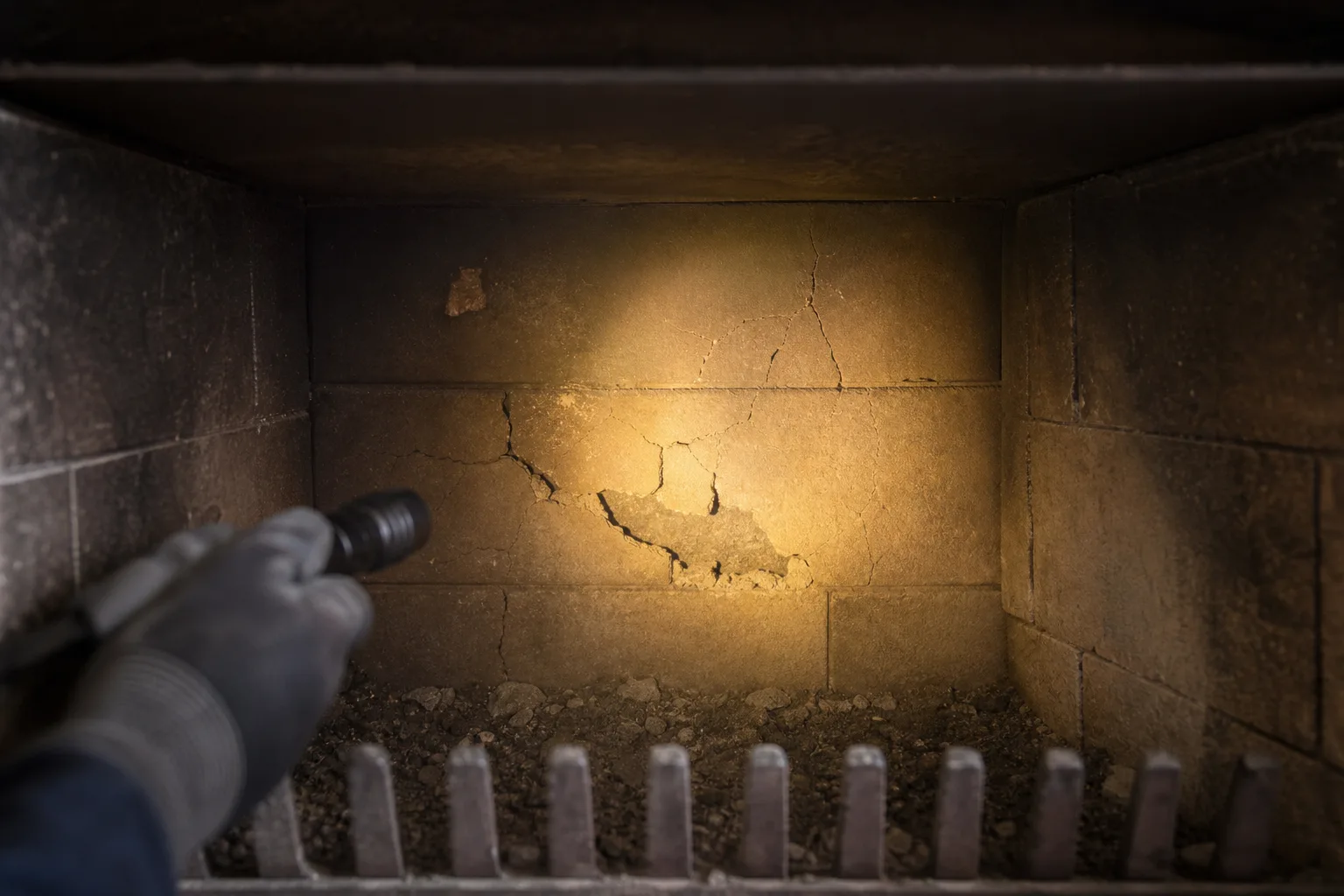Cracked and spalling refractory panels on the back wall of a fireplace firebox Cracked and spalling refractory panels on the back wall of a fireplace firebox