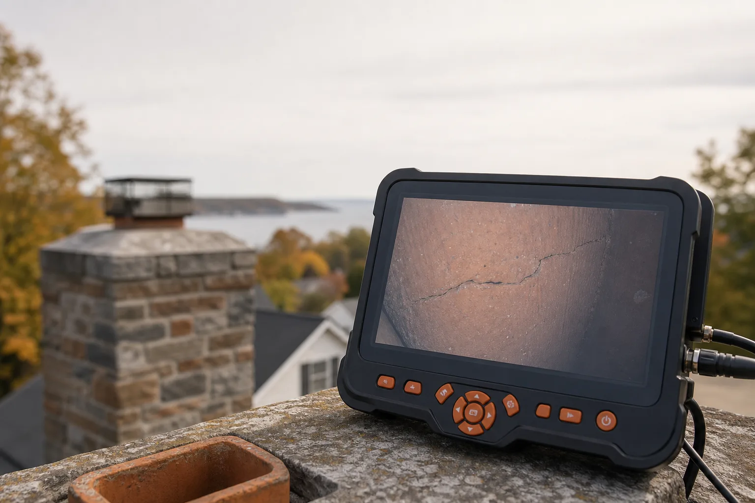 Inspection camera monitor showing a crack running across a clay flue tile inside a chimney Inspection camera monitor showing a crack running across a clay flue tile inside a chimney