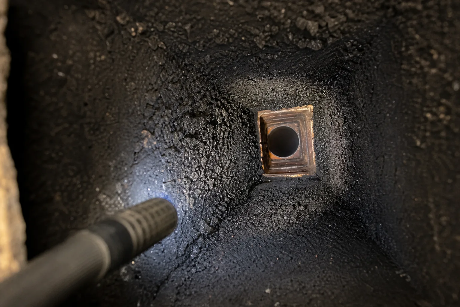 Torchlit view up a chimney flue coated in black flaky creosote Torchlit view up a chimney flue coated in black flaky creosote
