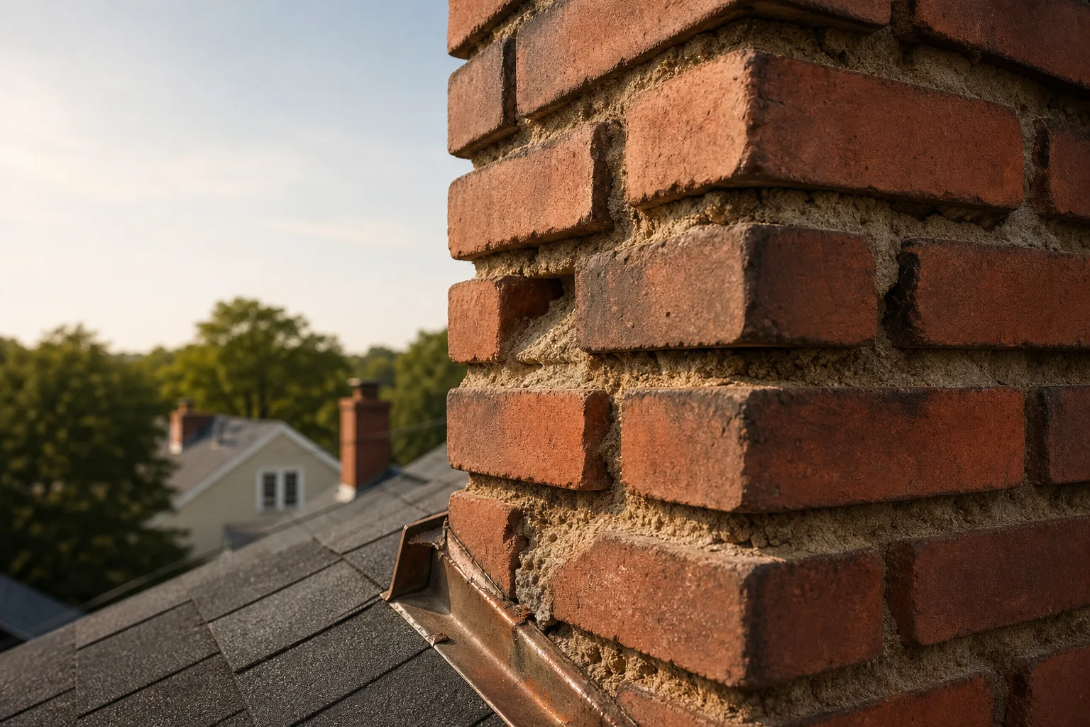 Eroded chimney mortar joints recessed behind the brick faces with loose sand and grit Eroded chimney mortar joints recessed behind the brick faces with loose sand and grit