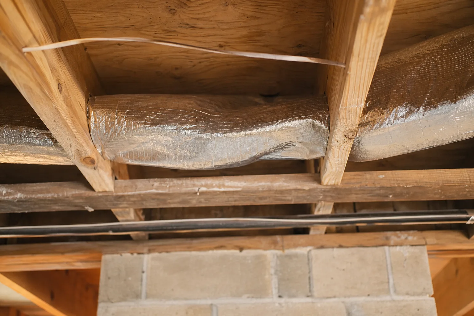Dryer duct flattened where it passes a floor joist in an unfinished basement
