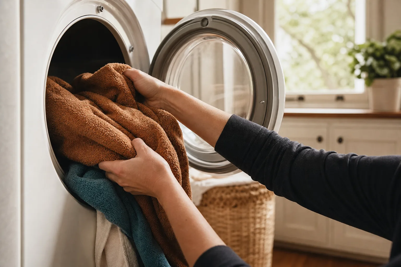 Hands lifting still-damp towels from an open dryer drum in a bright laundry room Hands lifting still-damp towels from an open dryer drum in a bright laundry room