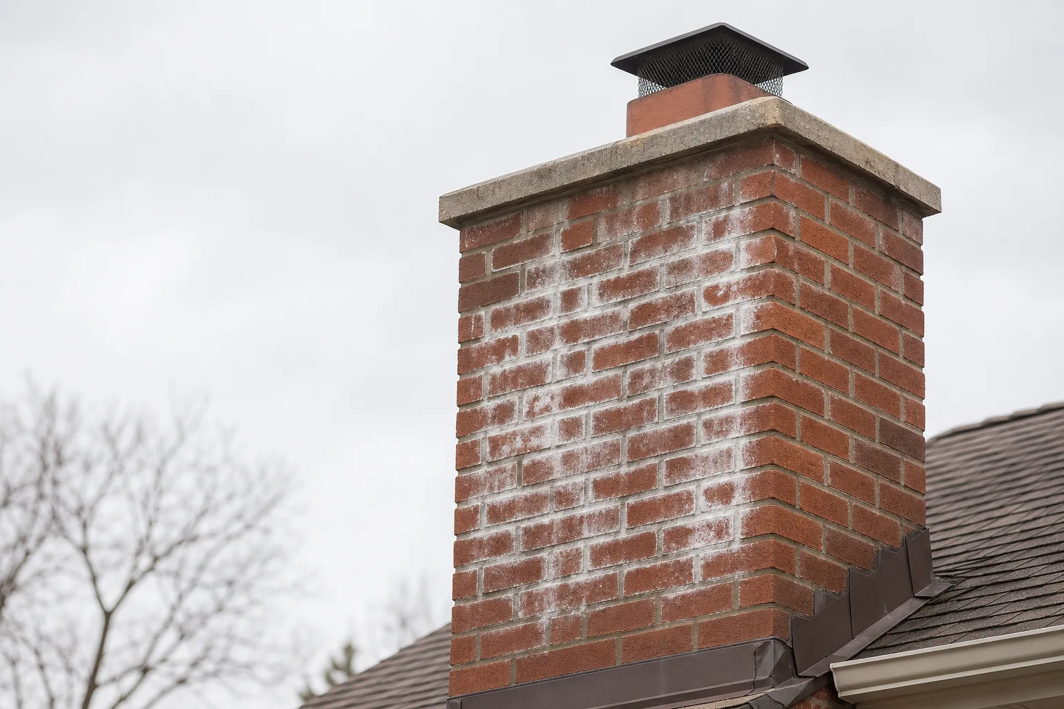 White chalky efflorescence staining spread across the face of a brick chimney White chalky efflorescence staining spread across the face of a brick chimney