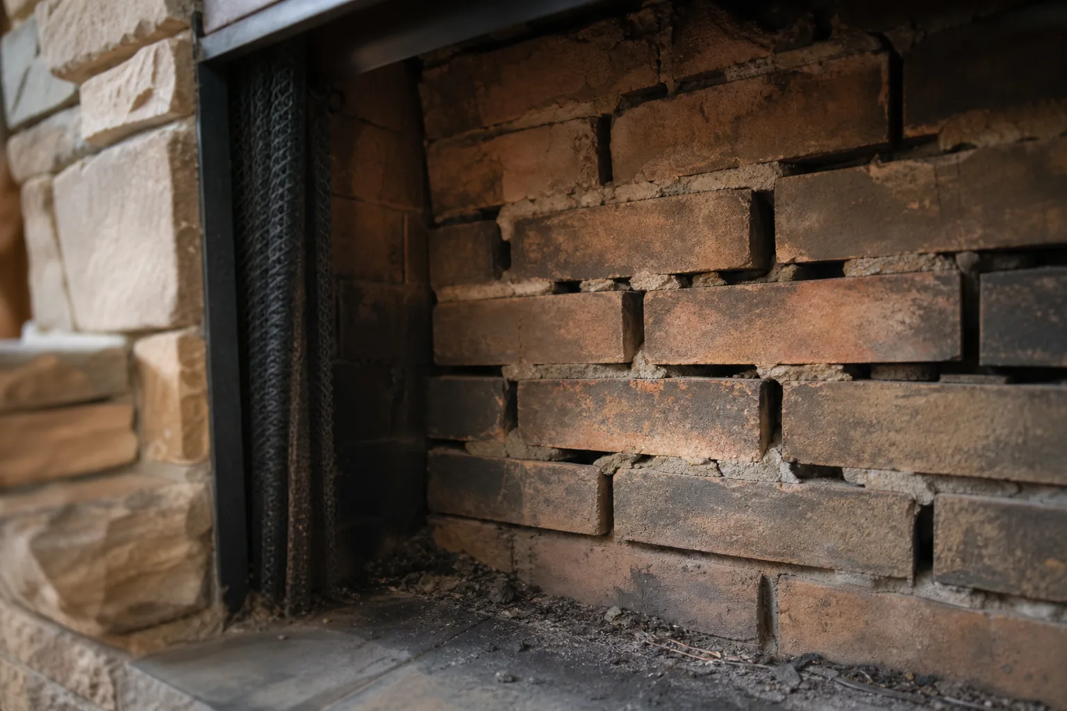 Firebox brickwork with open gaps where the refractory mortar joints have failed