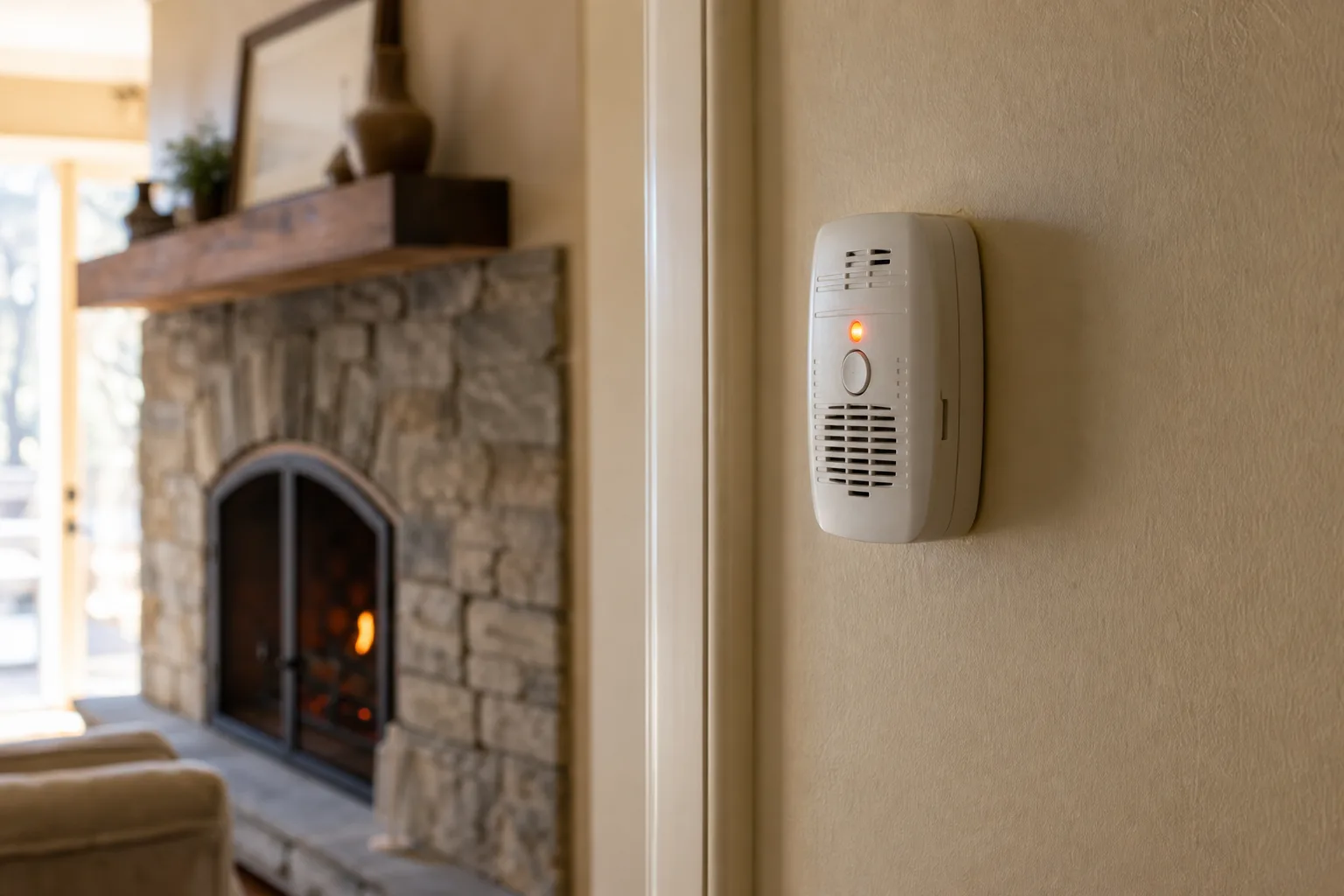 Carbon monoxide detector alarming on a hallway wall with a fireplace blurred behind