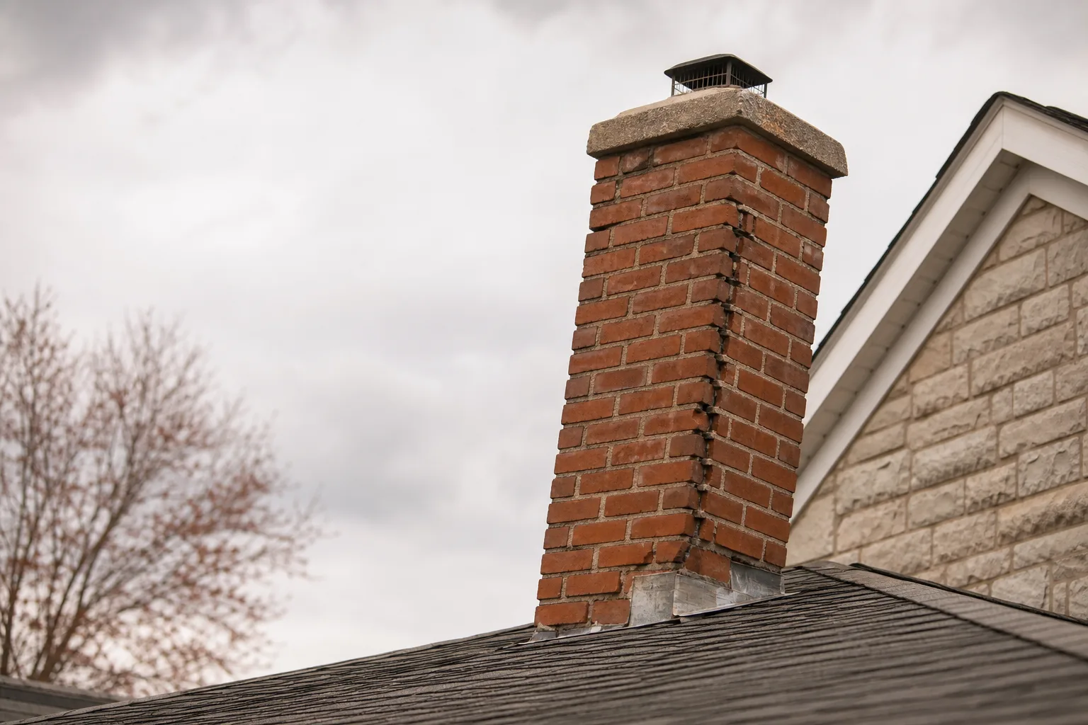 Brick chimney stack leaning off the roofline with open mortar joints under overcast sky Brick chimney stack leaning off the roofline with open mortar joints under overcast sky