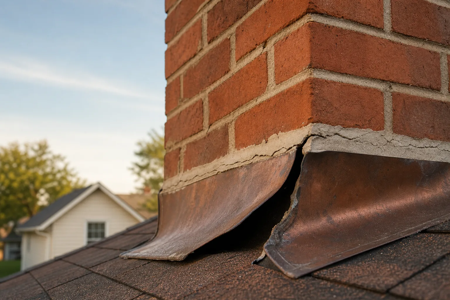Chimney flashing lifted from the brick with cracked sealant and a gap behind the metal Chimney flashing lifted from the brick with cracked sealant and a gap behind the metal