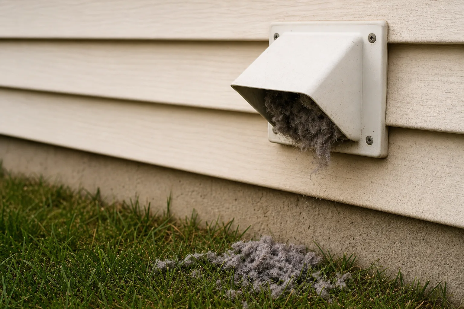 Grey lint caught around an exterior dryer vent hood flap on house siding Grey lint caught around an exterior dryer vent hood flap on house siding