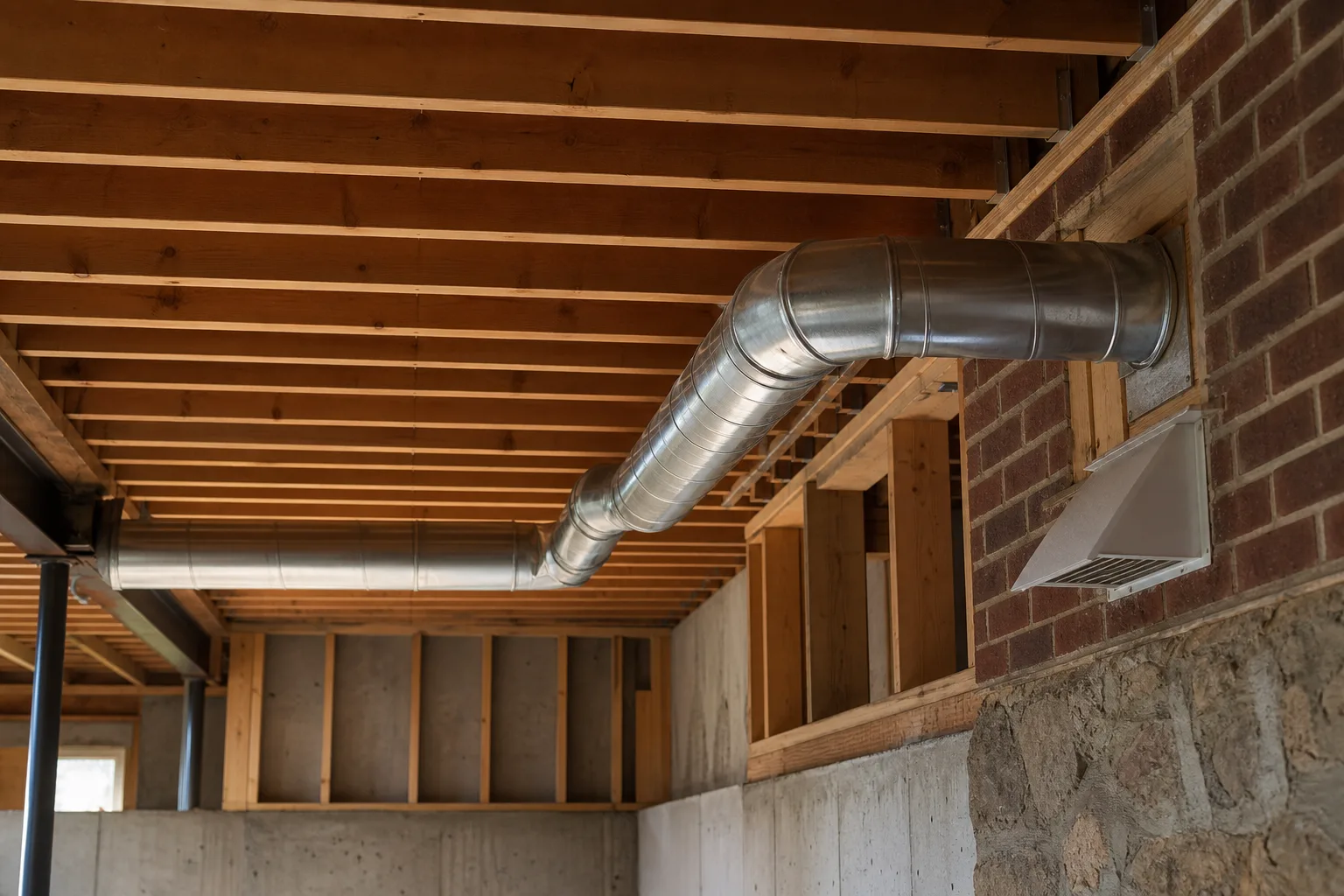 Long dryer duct run bending through several elbows across a basement ceiling Long dryer duct run bending through several elbows across a basement ceiling