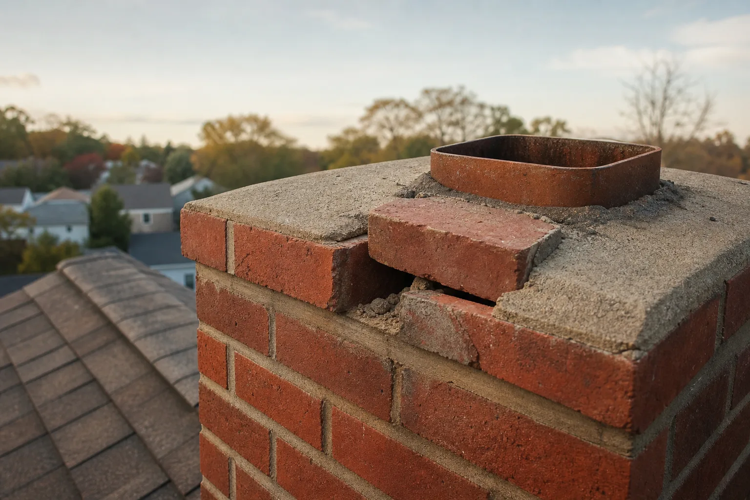 One brick displaced and loose in the top course of a chimney One brick displaced and loose in the top course of a chimney