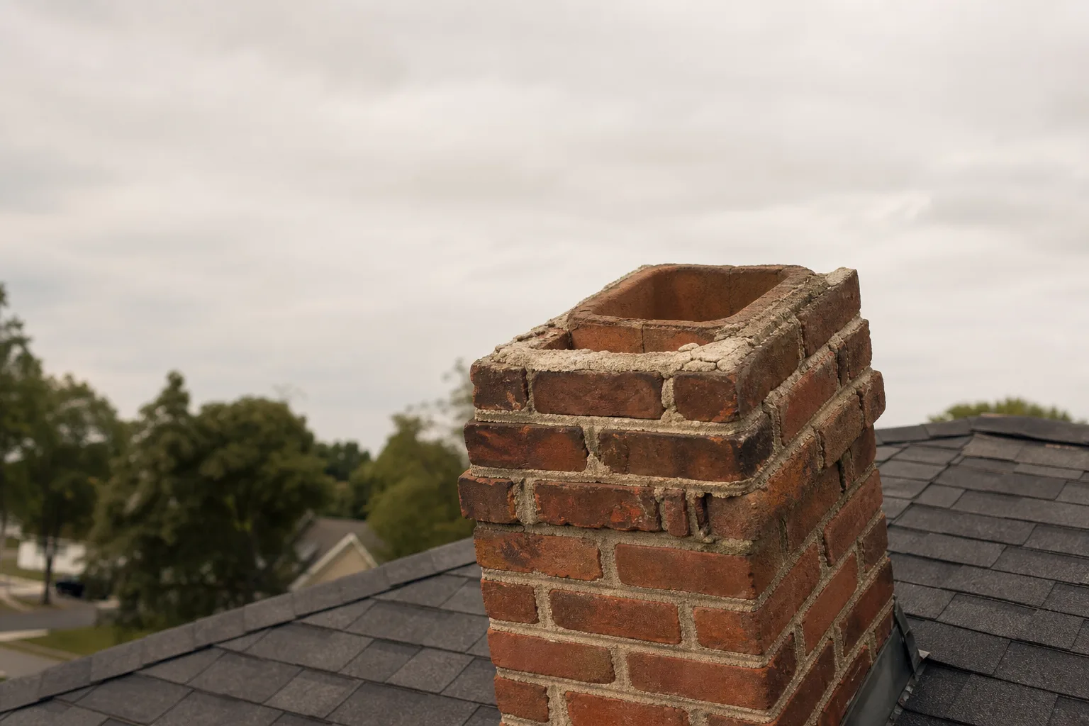 Brick chimney missing its cap, flue opening exposed to an overcast sky above the roof