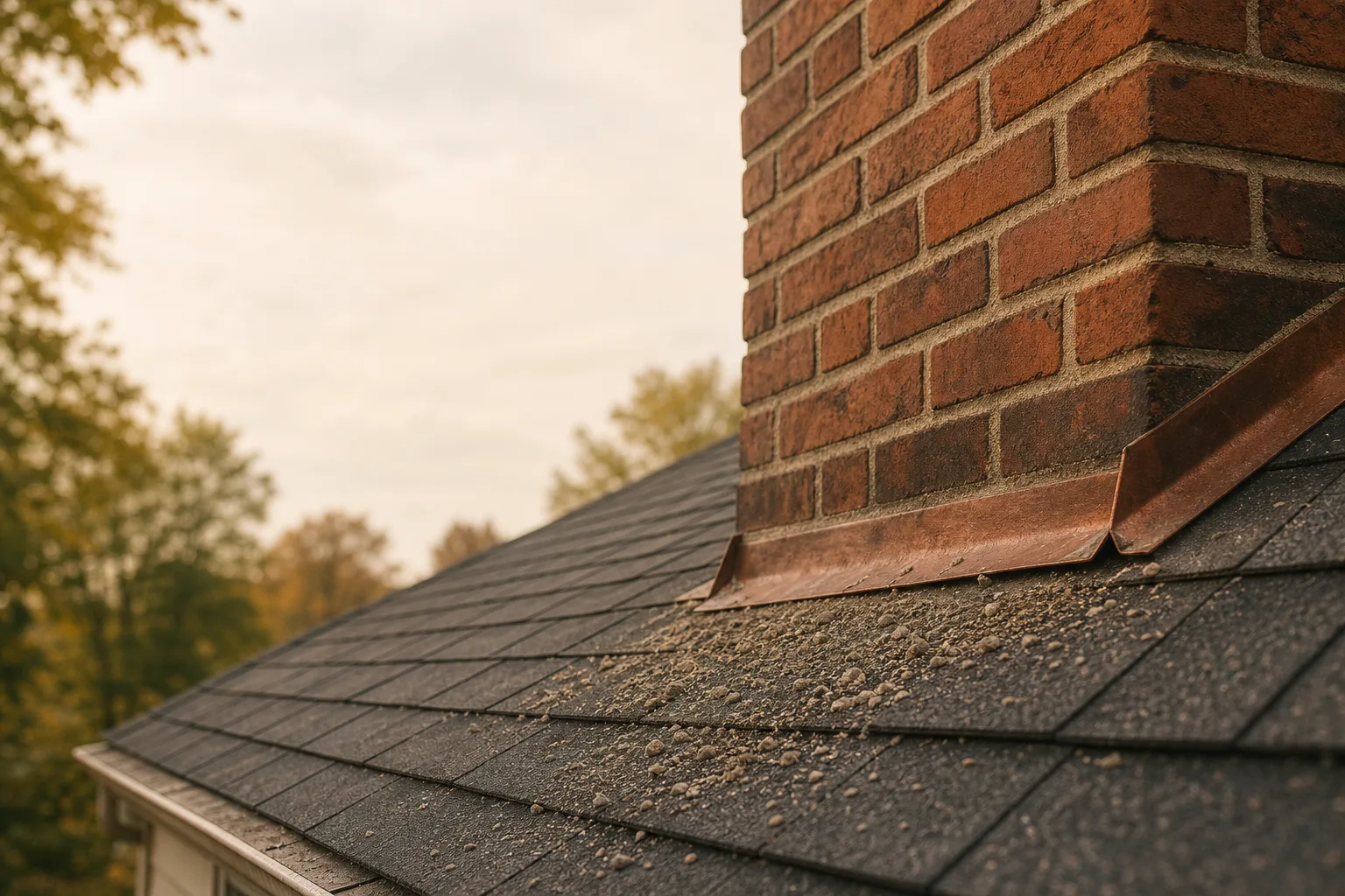 Sand and mortar crumbs on roof shingles at the base of a chimney Sand and mortar crumbs on roof shingles at the base of a chimney