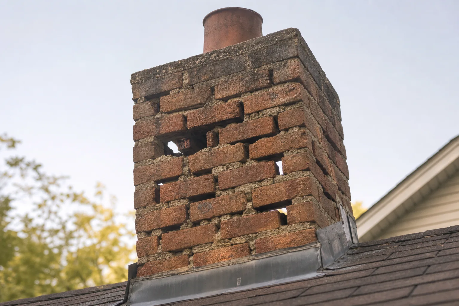 Brick chimney stack with mortar joints washed out, leaving gaps through to daylight Brick chimney stack with mortar joints washed out, leaving gaps through to daylight