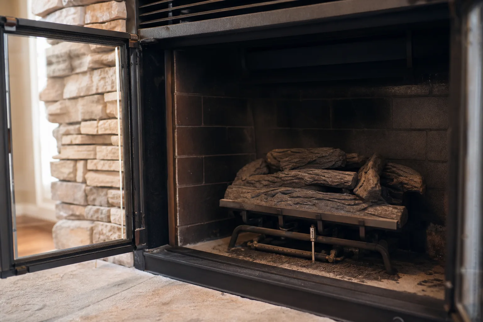 Unlit gas fireplace burner seen through open glass with the pilot light out Unlit gas fireplace burner seen through open glass with the pilot light out