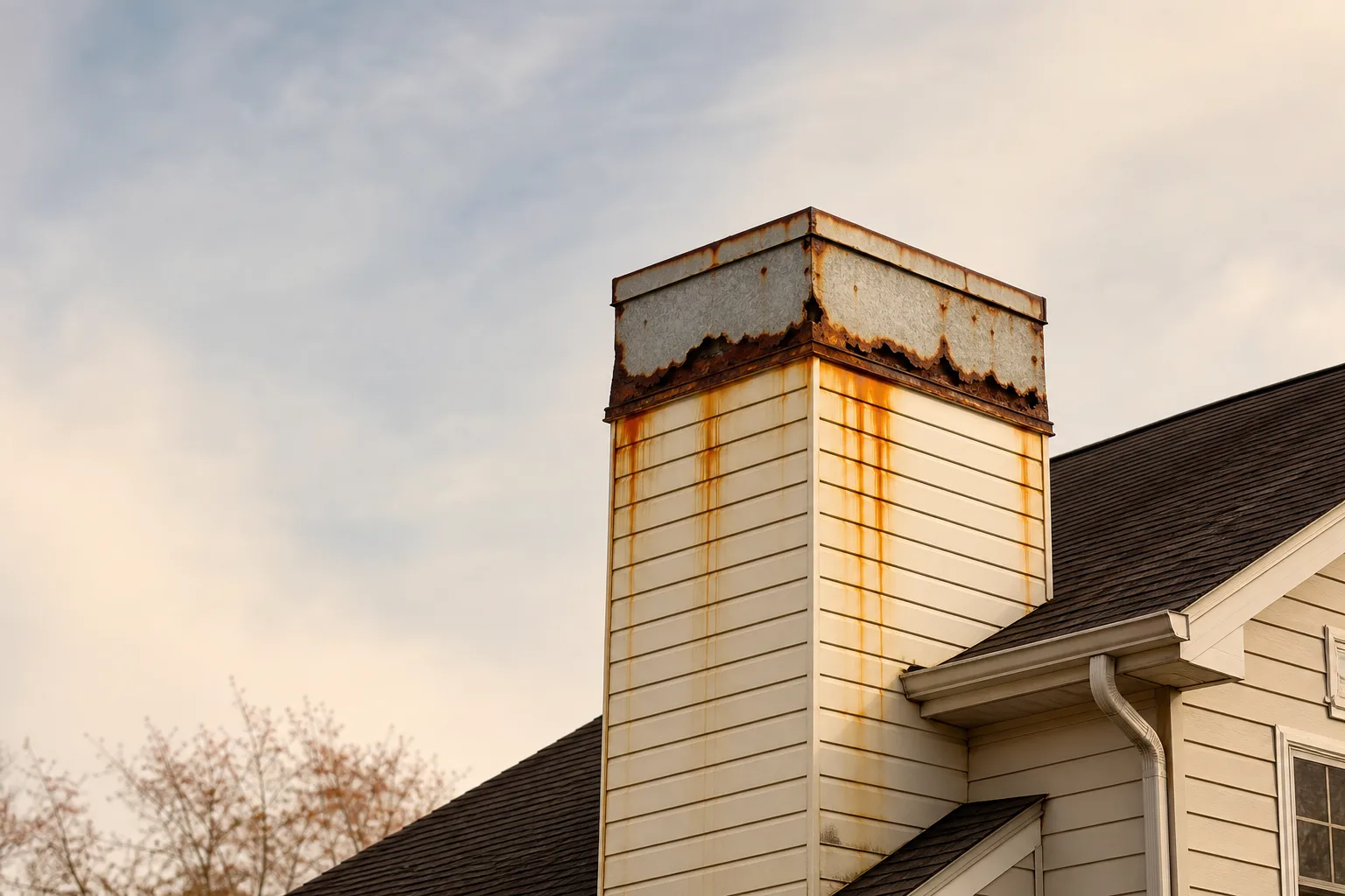 Rusted-through chase cover with orange staining running down the chimney chase siding