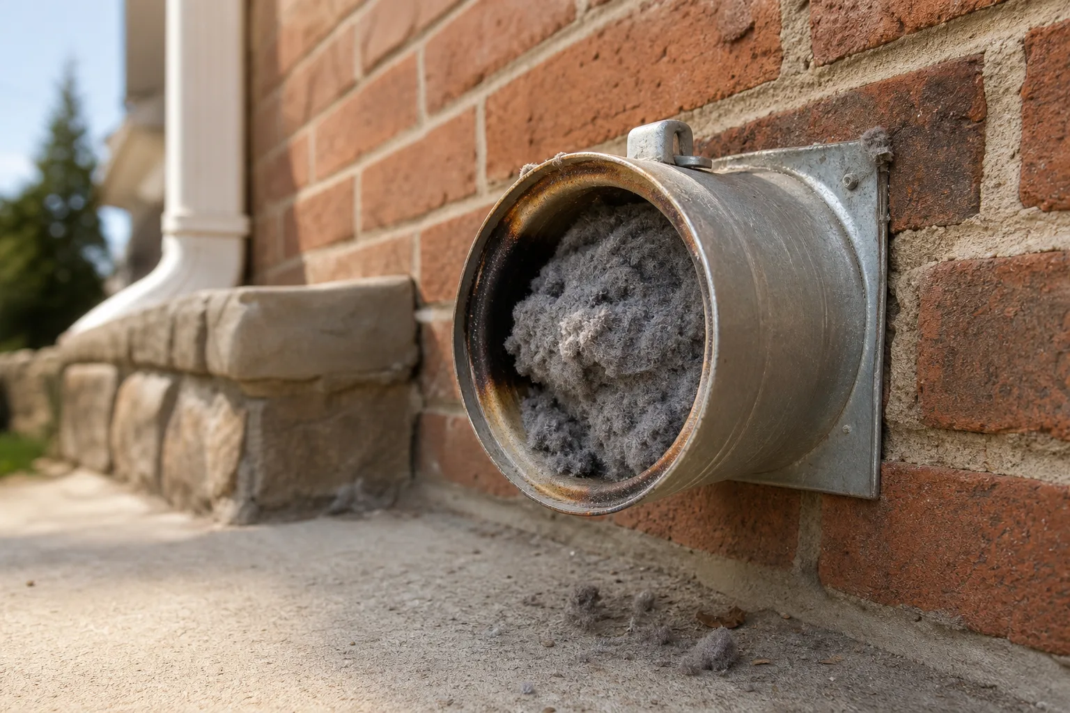Dense lint plug packed inside a disconnected dryer duct with scorched metal Dense lint plug packed inside a disconnected dryer duct with scorched metal