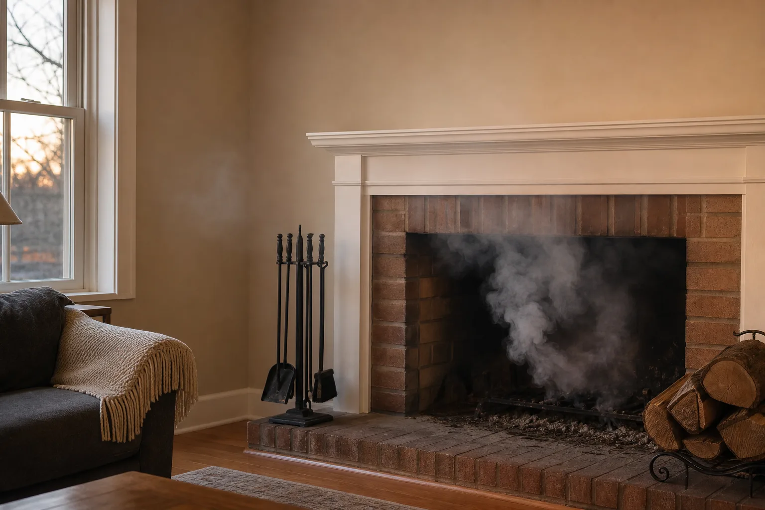 Smoke rolling out of a fireplace opening into a living room at dusk