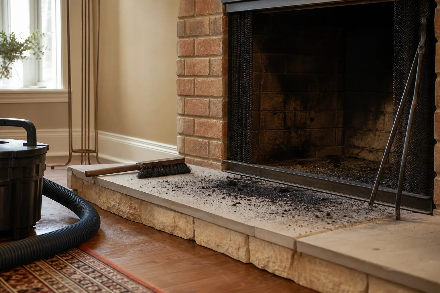 Loose black soot fallen onto the hearth in front of a fireplace opening