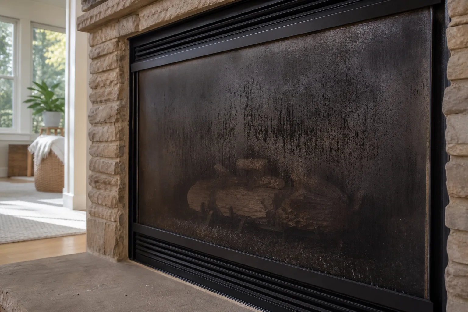 Black soot film clouding the unlit glass front of a gas fireplace